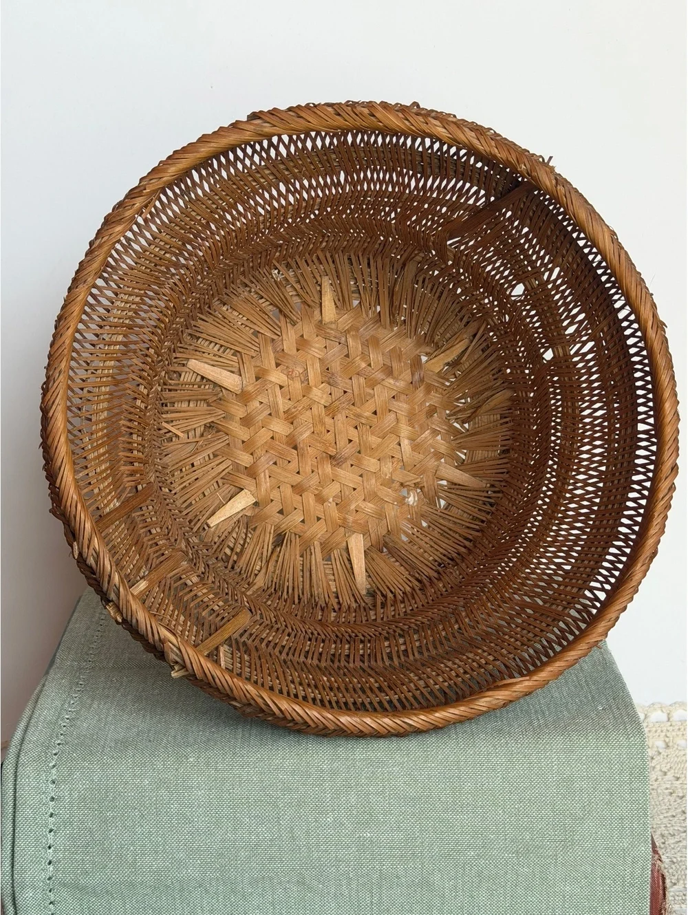 Vintage Chinese Handwoven Bamboo Rattan Basket Kagome Weave Mid Century Decor